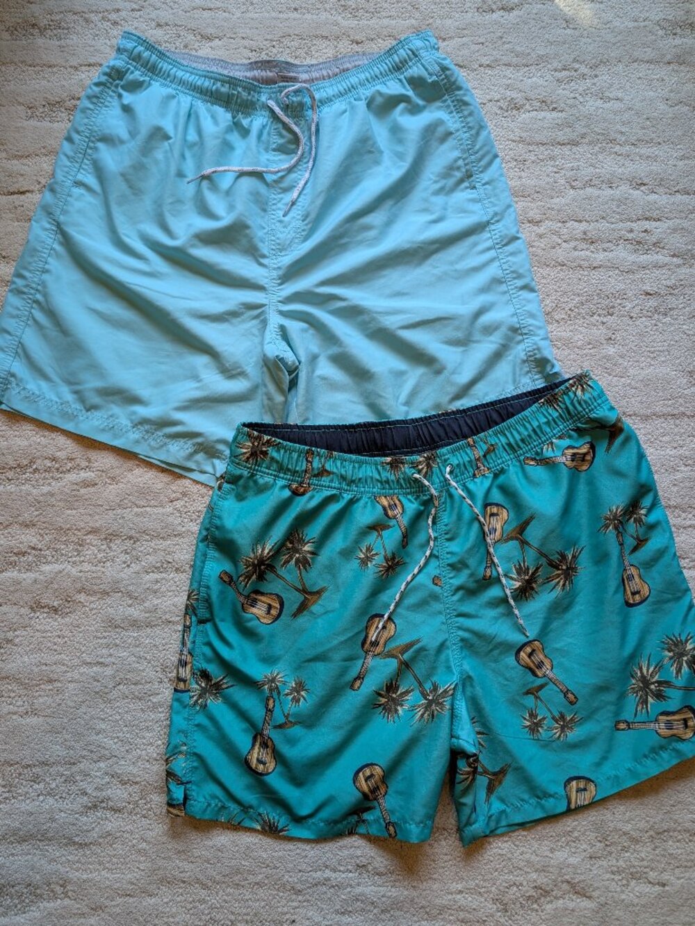 Set of Blue Men's Large Swim Trunks, Light Blue and Blue Green, Great Condition